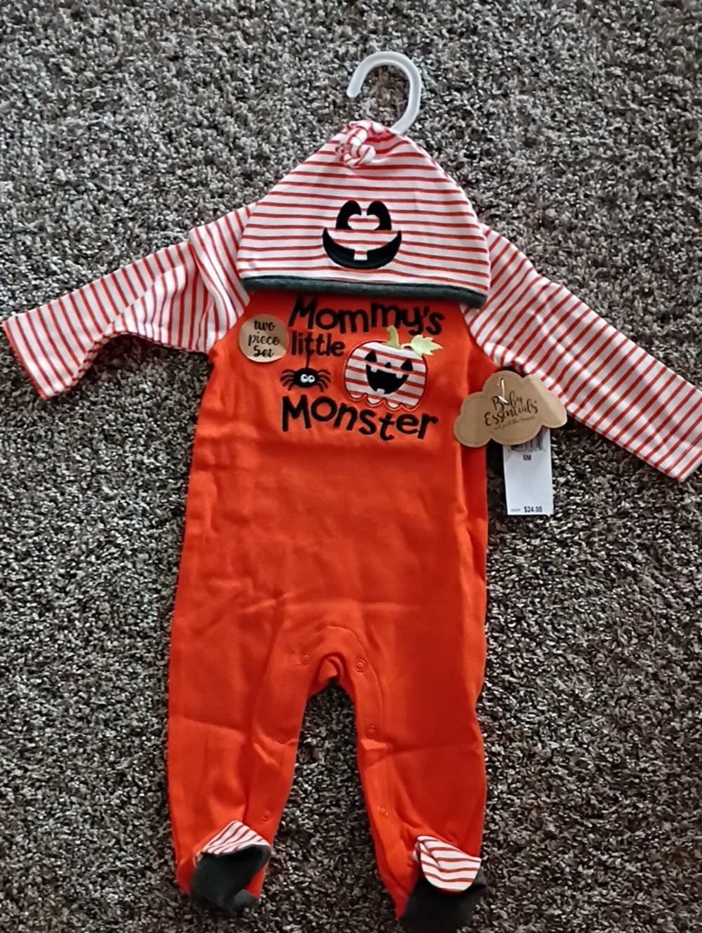 Baby Essentials Orange 'Mommy's Little Monster' Baby One-Piece with Striped Hat